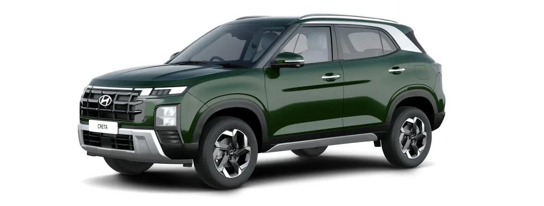 Hyundai Creta in Robust Emerald Pearl, front three-quarter view