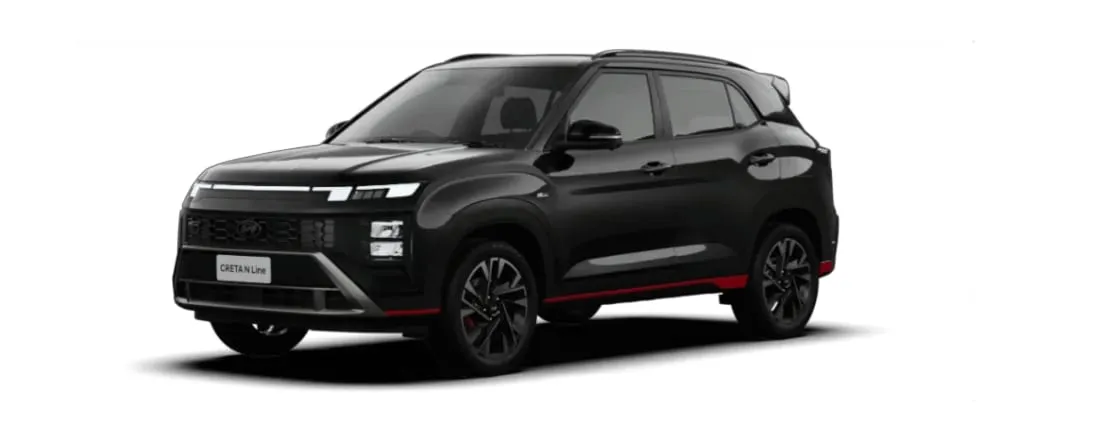 Hyundai Creta N Line in Titanium Black, front three-quarter view, with red side skirt inserts